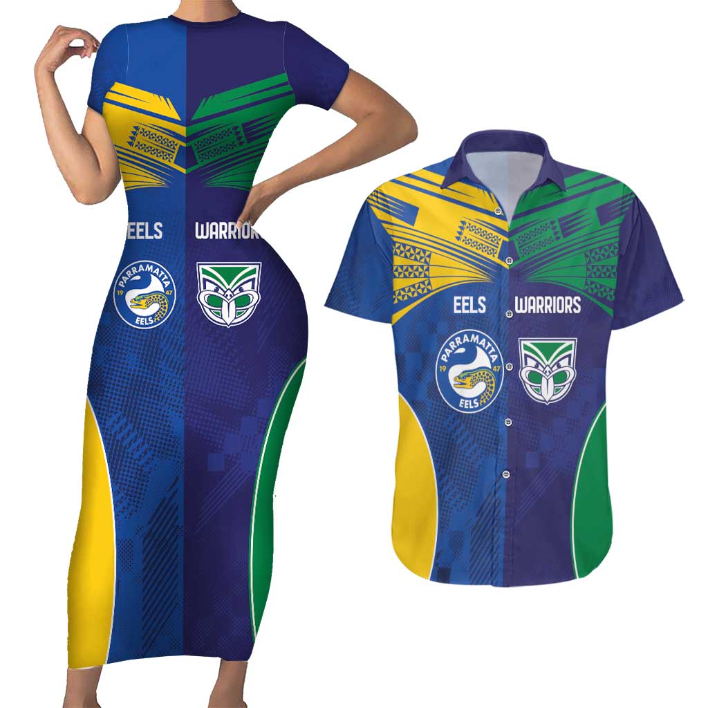 Custom Warriors-Eels Couples Matching Short Sleeve Bodycon Dress and Hawaiian Shirt Together Sporty Style