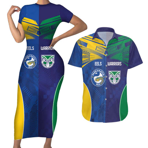 Custom Warriors-Eels Couples Matching Short Sleeve Bodycon Dress and Hawaiian Shirt Together Sporty Style