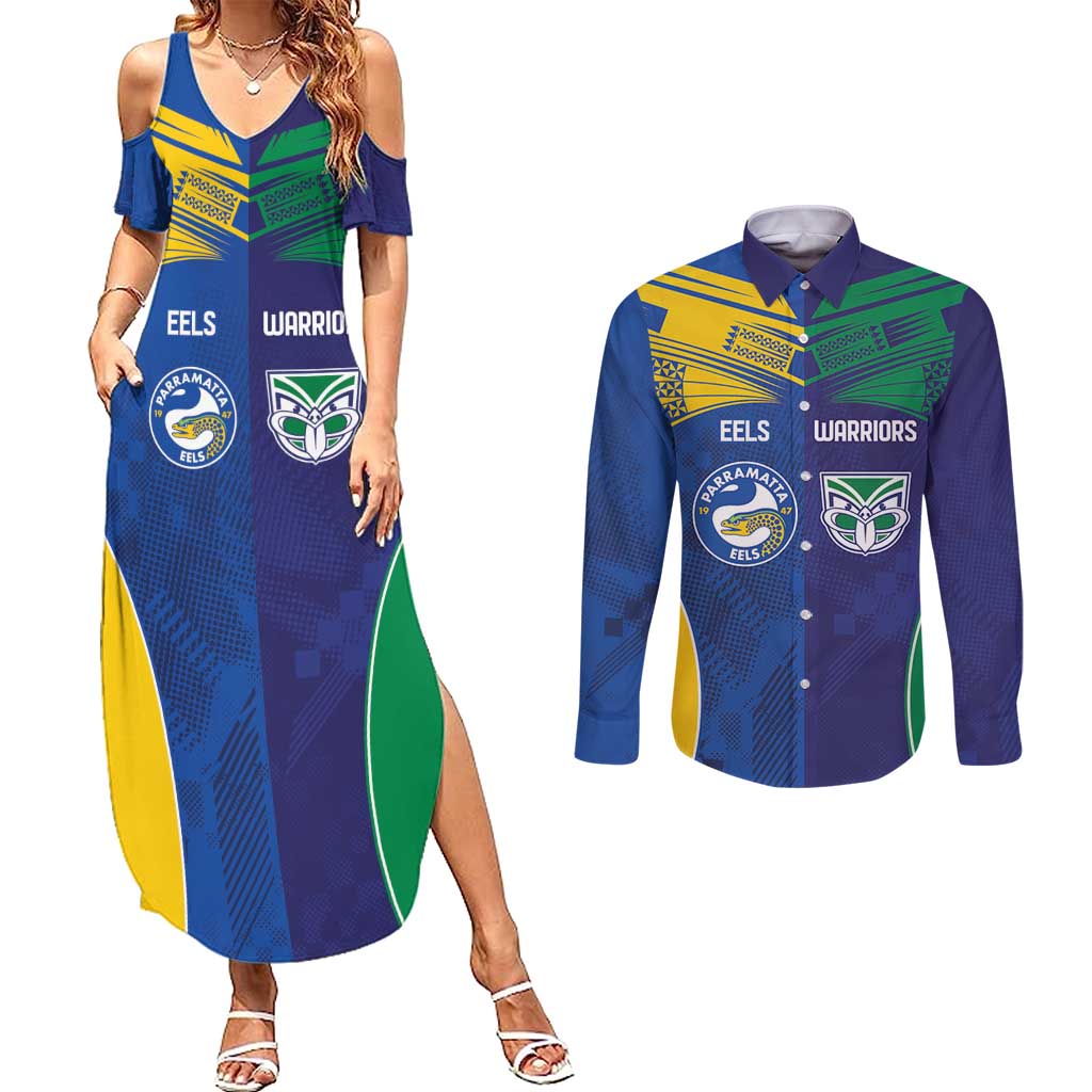 Custom Warriors-Eels Couples Matching Summer Maxi Dress and Long Sleeve Button Shirt Together Sporty Style