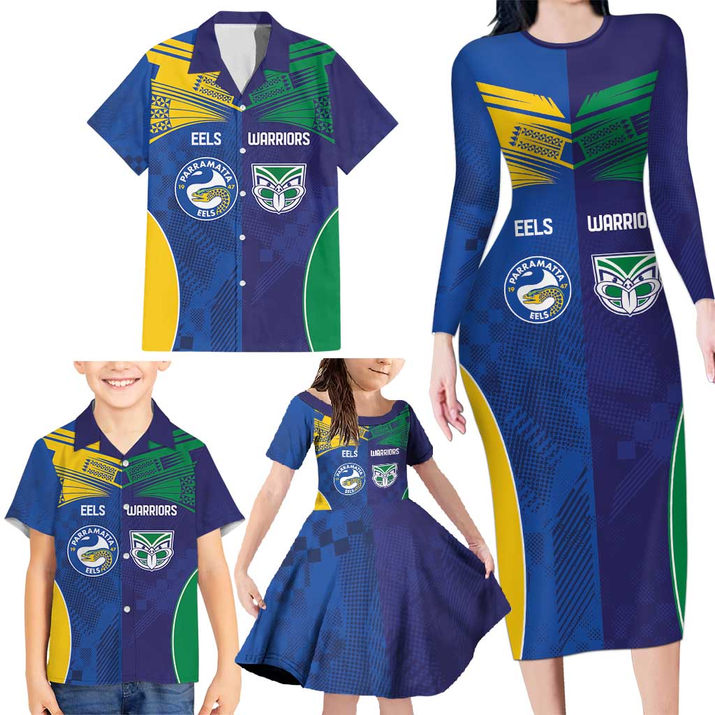 Custom Warriors-Eels Family Matching Long Sleeve Bodycon Dress and Hawaiian Shirt Together Sporty Style