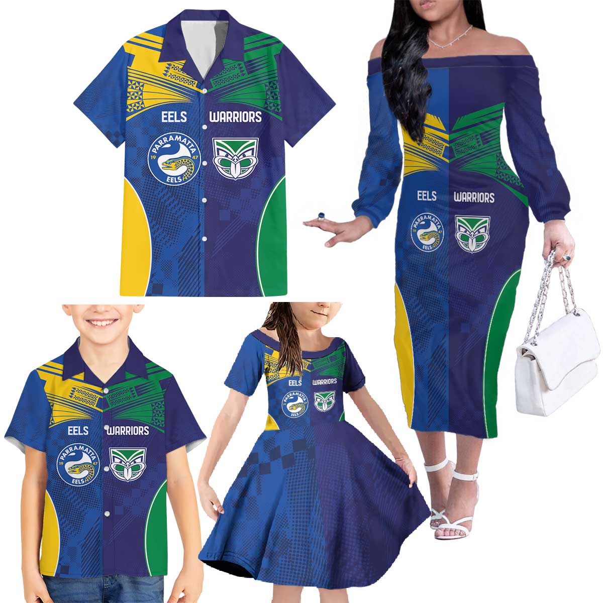 Custom Warriors-Eels Family Matching Off The Shoulder Long Sleeve Dress and Hawaiian Shirt Together Sporty Style