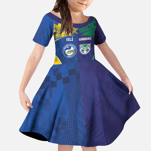 Custom Warriors-Eels Family Matching Off The Shoulder Long Sleeve Dress and Hawaiian Shirt Together Sporty Style
