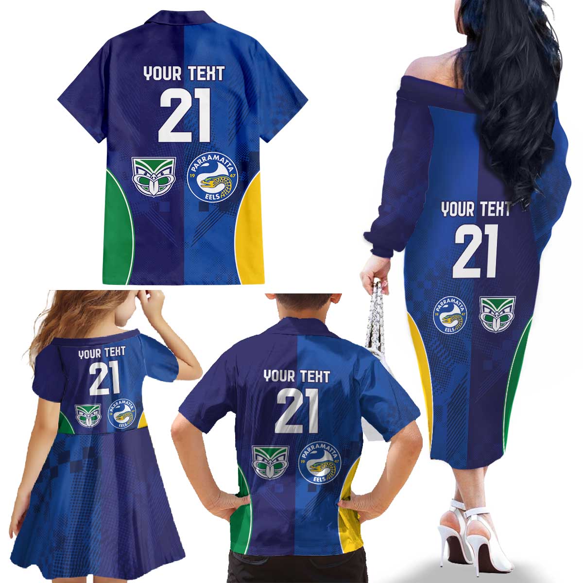 Custom Warriors-Eels Family Matching Off The Shoulder Long Sleeve Dress and Hawaiian Shirt Together Sporty Style