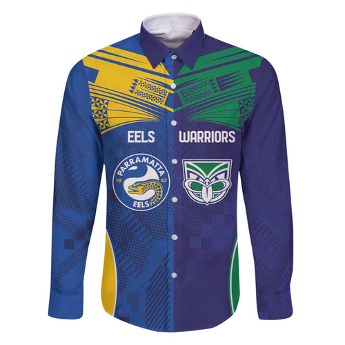 Custom Warriors-Eels Family Matching Off The Shoulder Long Sleeve Dress and Hawaiian Shirt Together Sporty Style