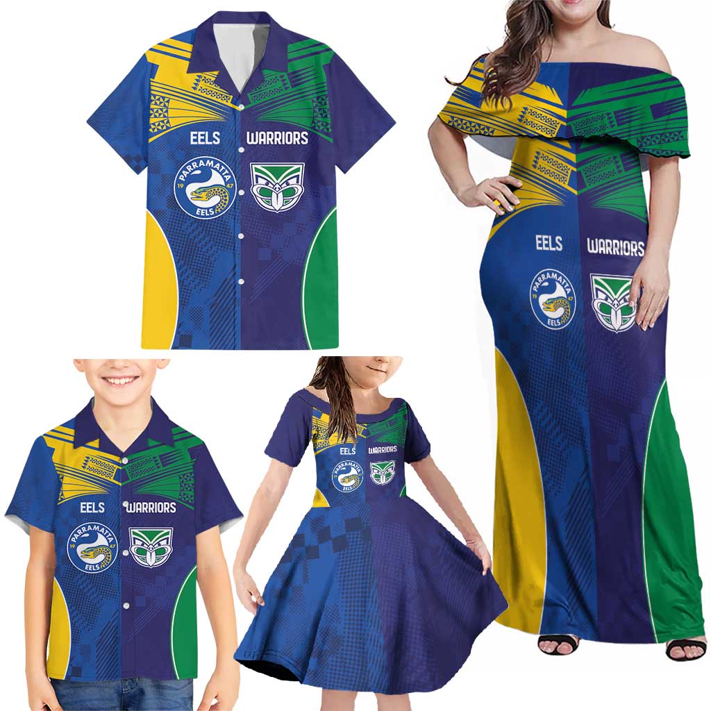 Custom Warriors-Eels Family Matching Off Shoulder Maxi Dress and Hawaiian Shirt Together Sporty Style