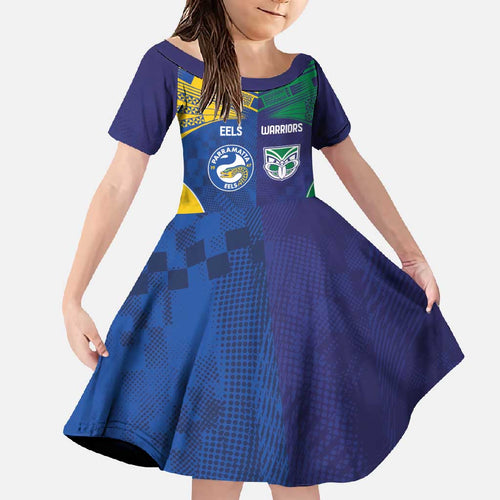 Custom Warriors-Eels Family Matching Off Shoulder Maxi Dress and Hawaiian Shirt Together Sporty Style