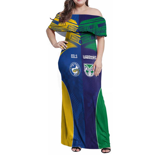 Custom Warriors-Eels Family Matching Off Shoulder Maxi Dress and Hawaiian Shirt Together Sporty Style