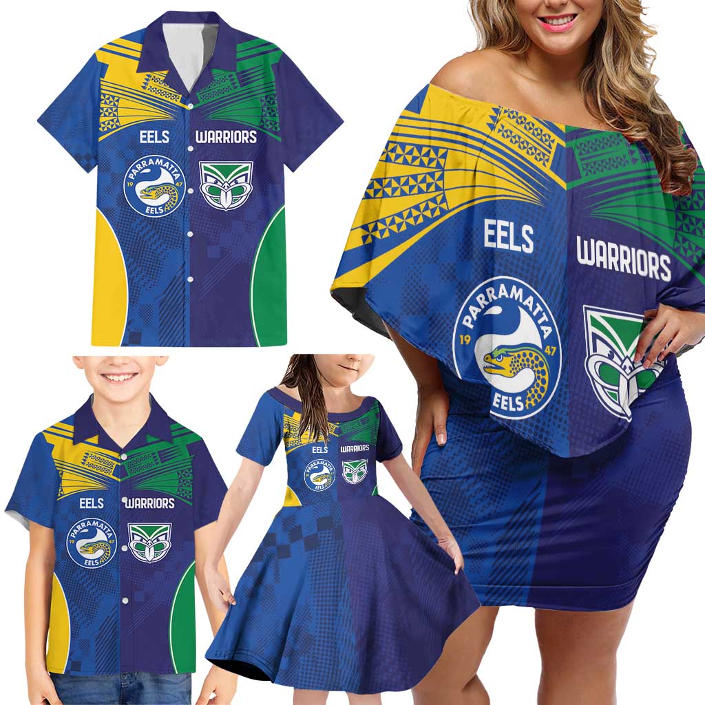 Custom Warriors-Eels Family Matching Off Shoulder Short Dress and Hawaiian Shirt Together Sporty Style