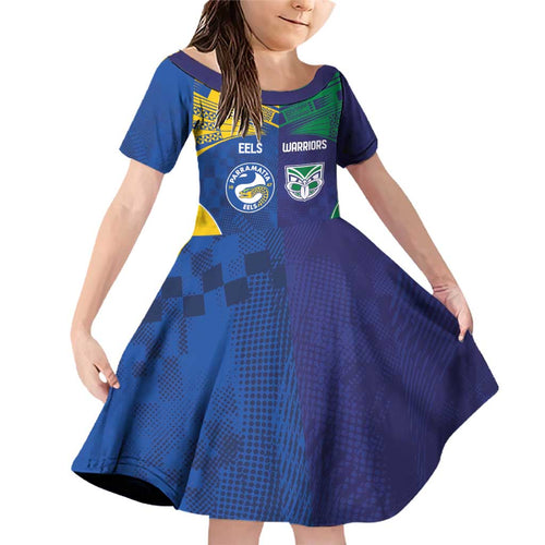 Custom Warriors-Eels Family Matching Off Shoulder Short Dress and Hawaiian Shirt Together Sporty Style