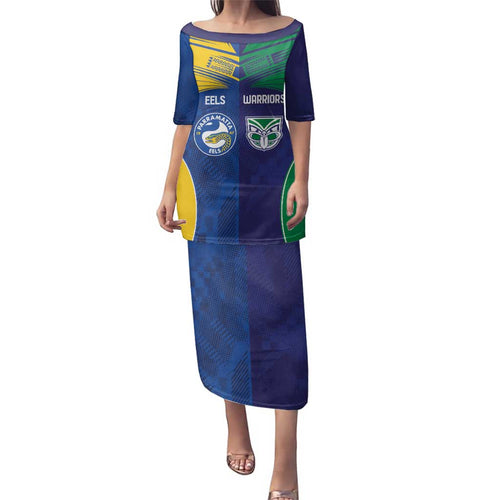 Custom Warriors-Eels Family Matching Puletasi and Hawaiian Shirt Together Sporty Style