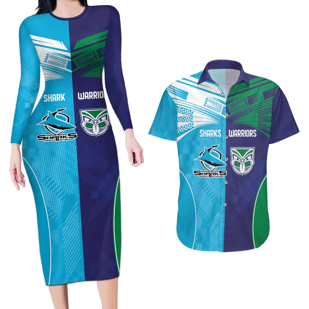Custom Warriors-Shark Couples Matching Long Sleeve Bodycon Dress and Hawaiian Shirt Together Sporty Style