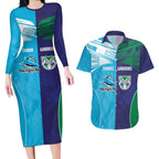 Custom Warriors-Shark Couples Matching Long Sleeve Bodycon Dress and Hawaiian Shirt Together Sporty Style