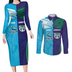 Custom Warriors-Shark Couples Matching Long Sleeve Bodycon Dress and Long Sleeve Button Shirt Together Sporty Style