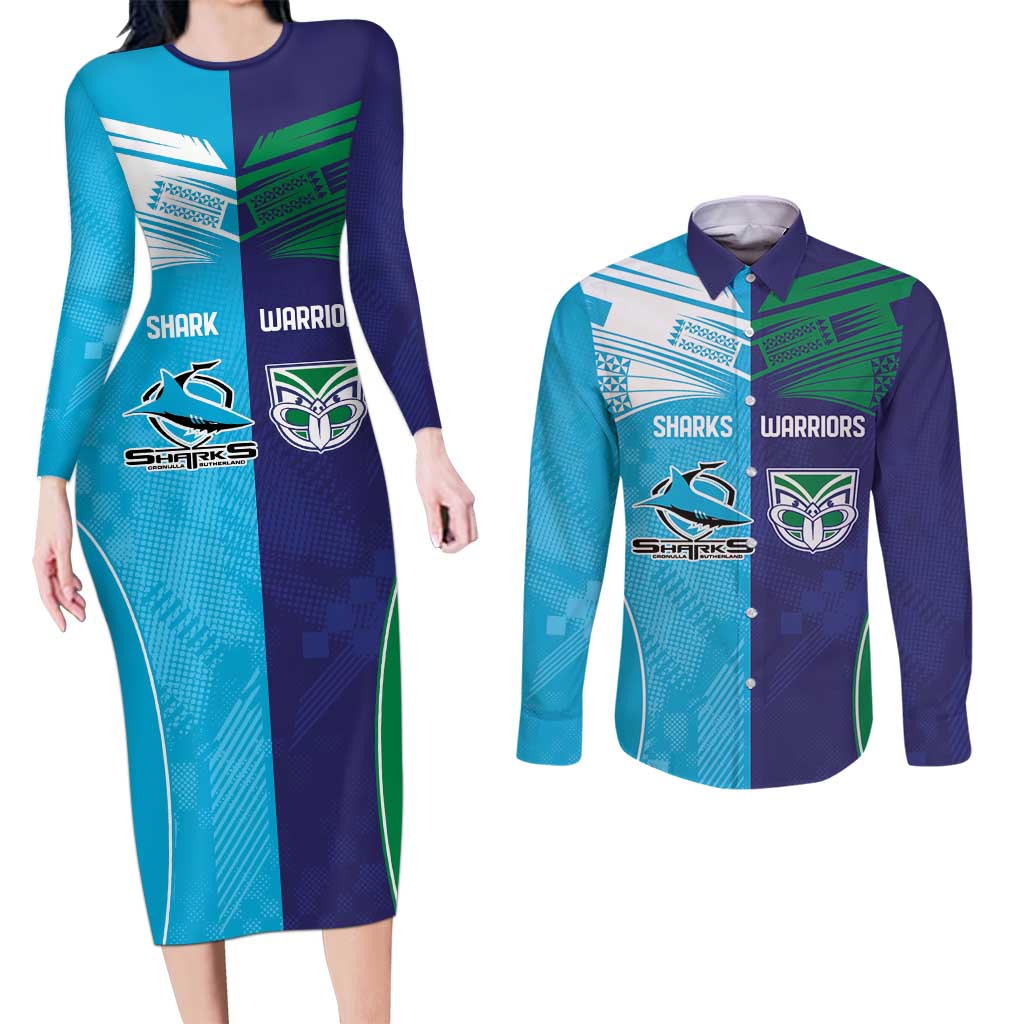 Custom Warriors-Shark Couples Matching Long Sleeve Bodycon Dress and Long Sleeve Button Shirt Together Sporty Style