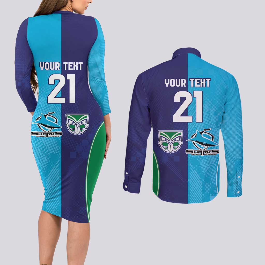 Custom Warriors-Shark Couples Matching Long Sleeve Bodycon Dress and Long Sleeve Button Shirt Together Sporty Style