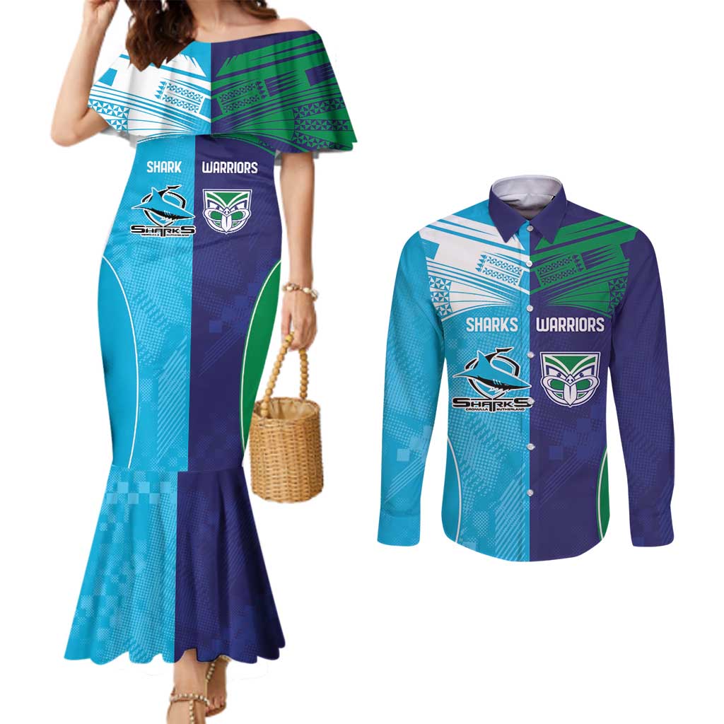 Custom Warriors-Shark Couples Matching Mermaid Dress and Long Sleeve Button Shirt Together Sporty Style