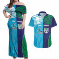 Custom Warriors-Shark Couples Matching Off Shoulder Maxi Dress and Hawaiian Shirt Together Sporty Style