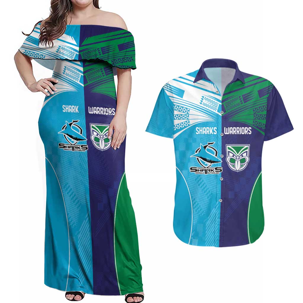Custom Warriors-Shark Couples Matching Off Shoulder Maxi Dress and Hawaiian Shirt Together Sporty Style
