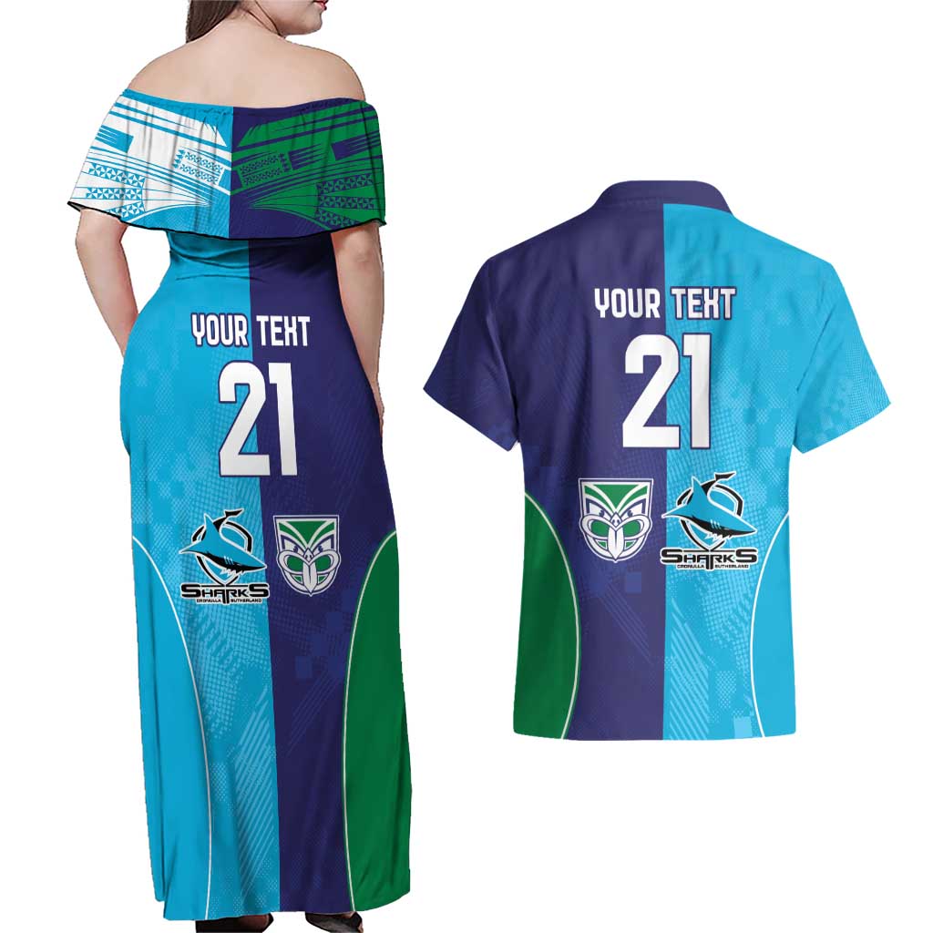 Custom Warriors-Shark Couples Matching Off Shoulder Maxi Dress and Hawaiian Shirt Together Sporty Style