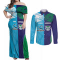 Custom Warriors-Shark Couples Matching Off Shoulder Maxi Dress and Long Sleeve Button Shirt Together Sporty Style