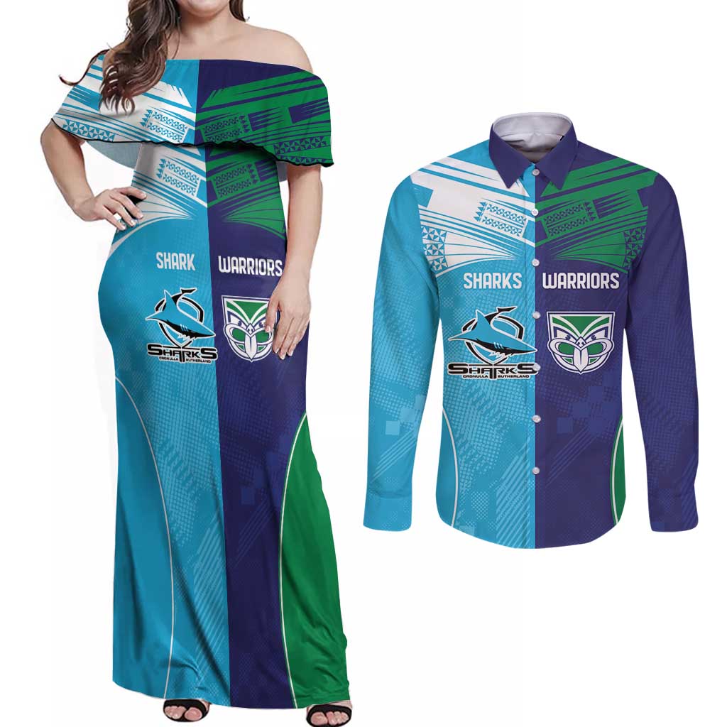 Custom Warriors-Shark Couples Matching Off Shoulder Maxi Dress and Long Sleeve Button Shirt Together Sporty Style
