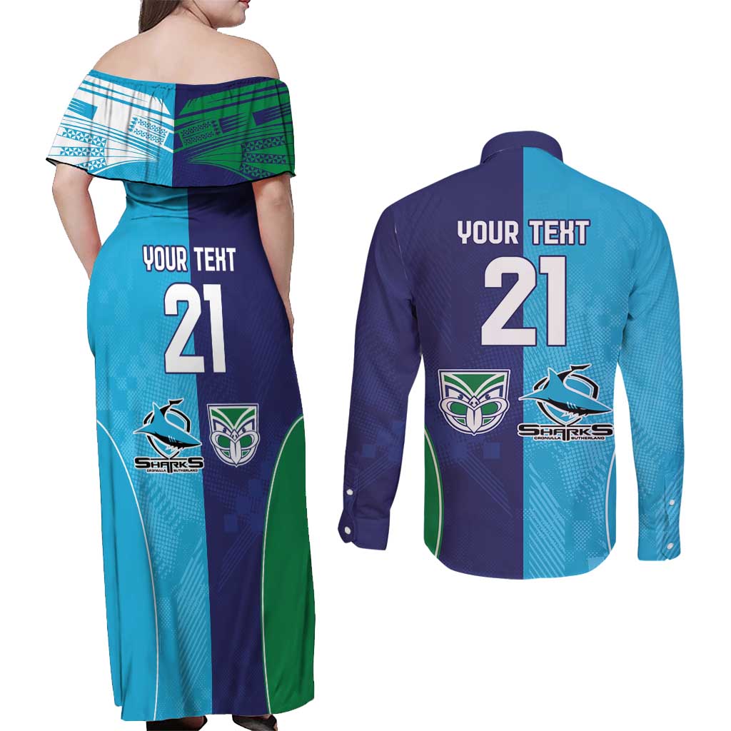 Custom Warriors-Shark Couples Matching Off Shoulder Maxi Dress and Long Sleeve Button Shirt Together Sporty Style