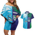 Custom Warriors-Shark Couples Matching Off Shoulder Short Dress and Hawaiian Shirt Together Sporty Style