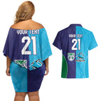 Custom Warriors-Shark Couples Matching Off Shoulder Short Dress and Hawaiian Shirt Together Sporty Style
