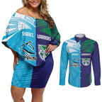 Custom Warriors-Shark Couples Matching Off Shoulder Short Dress and Long Sleeve Button Shirt Together Sporty Style