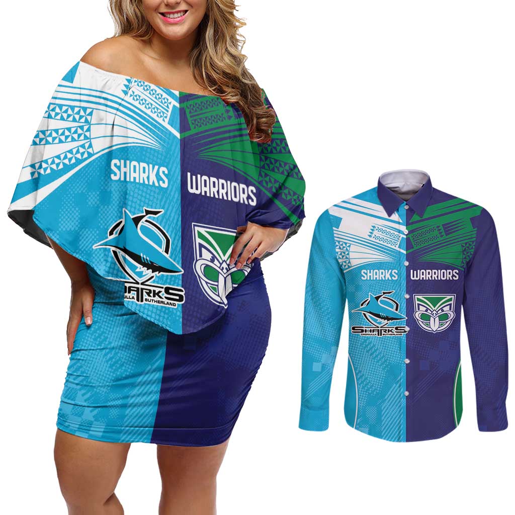 Custom Warriors-Shark Couples Matching Off Shoulder Short Dress and Long Sleeve Button Shirt Together Sporty Style
