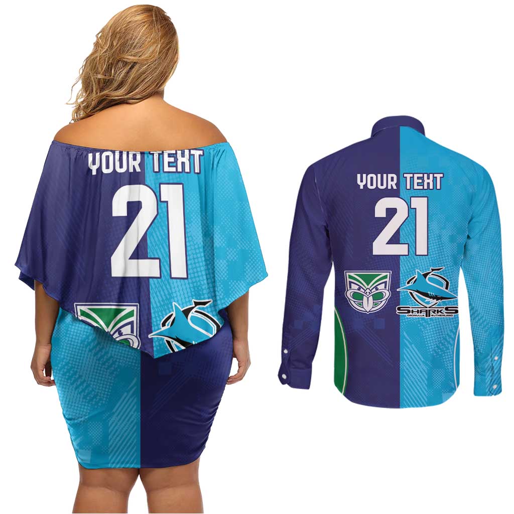Custom Warriors-Shark Couples Matching Off Shoulder Short Dress and Long Sleeve Button Shirt Together Sporty Style