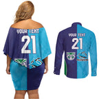 Custom Warriors-Shark Couples Matching Off Shoulder Short Dress and Long Sleeve Button Shirt Together Sporty Style