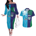Custom Warriors-Shark Couples Matching Off The Shoulder Long Sleeve Dress and Hawaiian Shirt Together Sporty Style