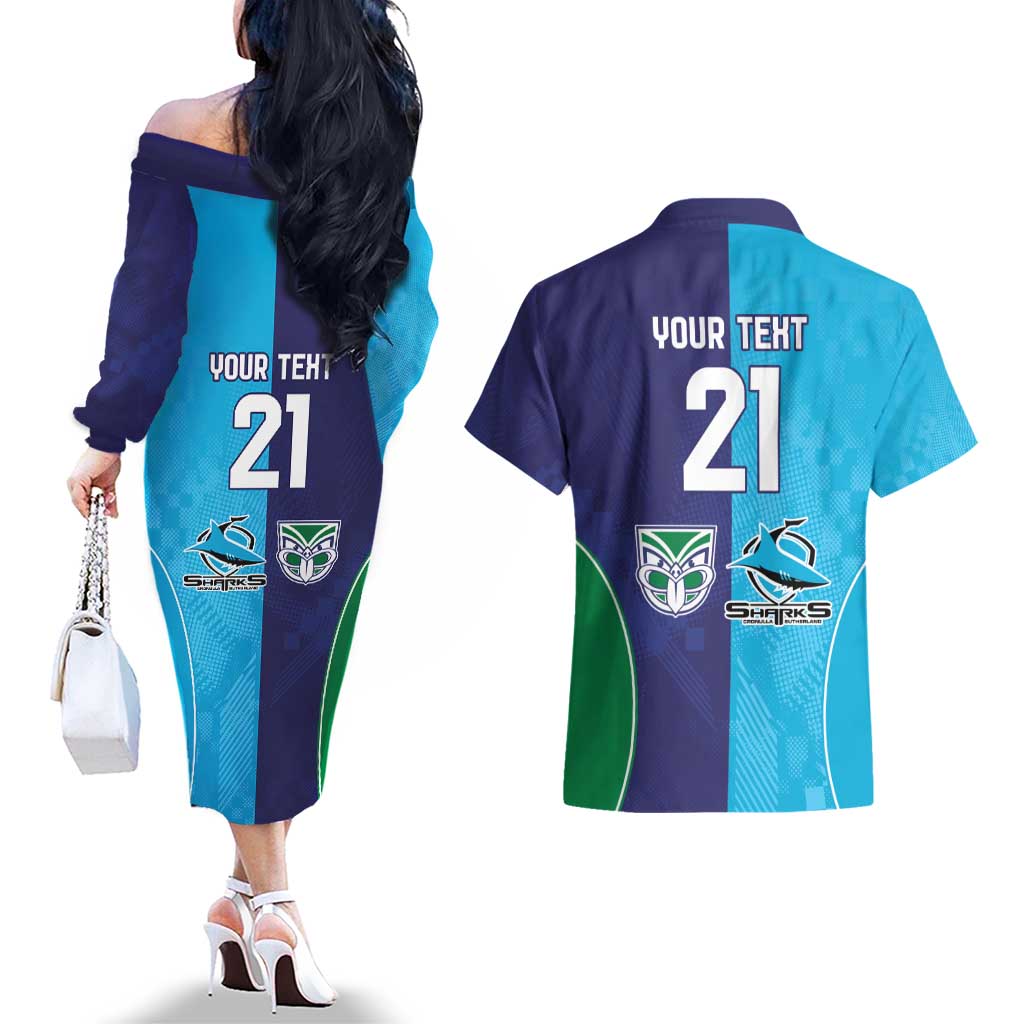 Custom Warriors-Shark Couples Matching Off The Shoulder Long Sleeve Dress and Hawaiian Shirt Together Sporty Style