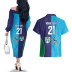 Custom Warriors-Shark Couples Matching Off The Shoulder Long Sleeve Dress and Hawaiian Shirt Together Sporty Style