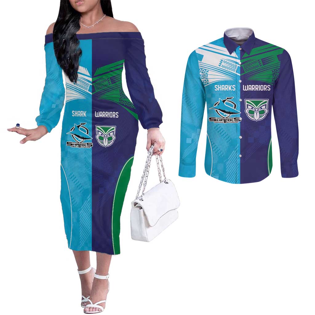 Custom Warriors-Shark Couples Matching Off The Shoulder Long Sleeve Dress and Long Sleeve Button Shirt Together Sporty Style