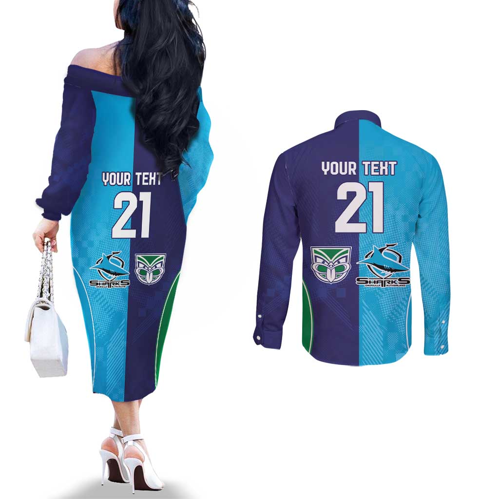 Custom Warriors-Shark Couples Matching Off The Shoulder Long Sleeve Dress and Long Sleeve Button Shirt Together Sporty Style