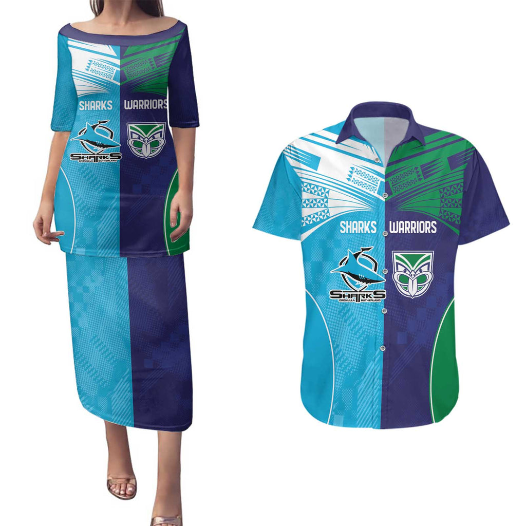 Custom Warriors-Shark Couples Matching Puletasi and Hawaiian Shirt Together Sporty Style