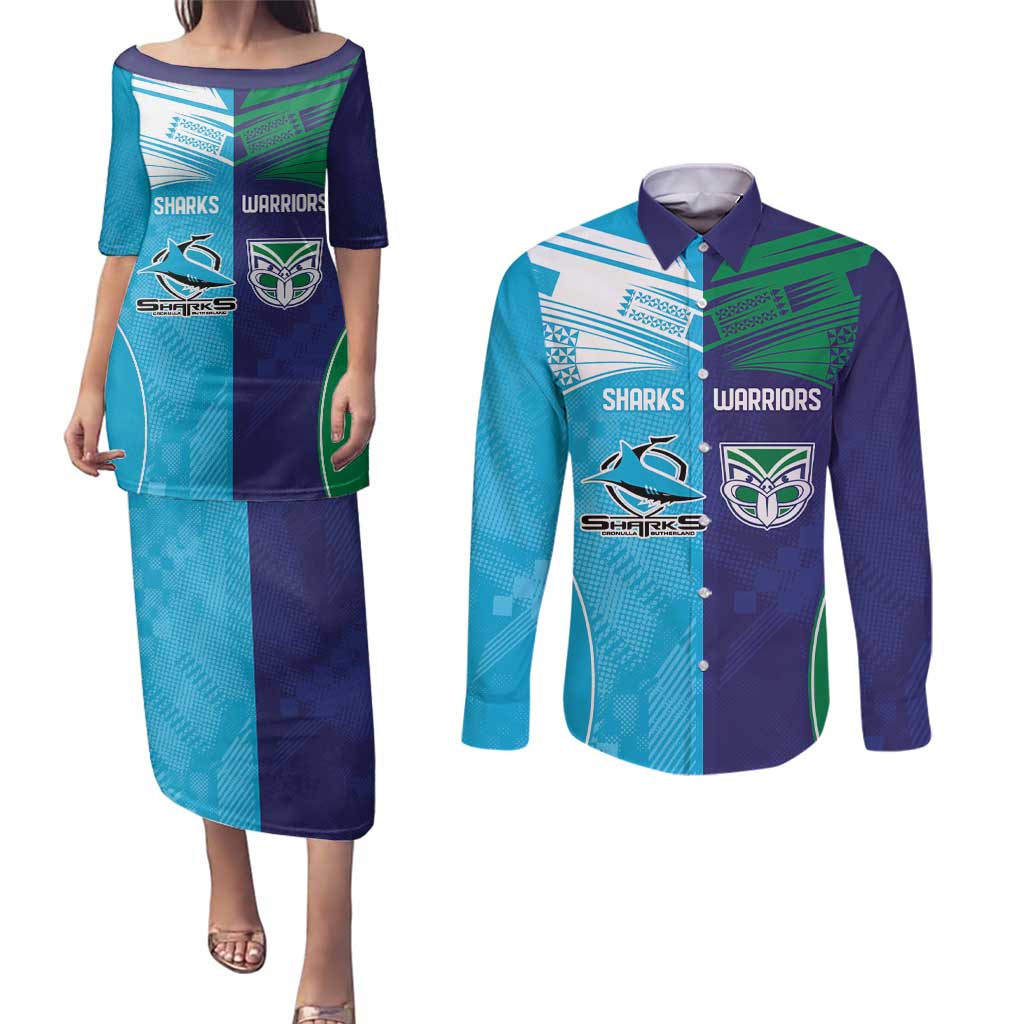 Custom Warriors-Shark Couples Matching Puletasi and Long Sleeve Button Shirt Together Sporty Style