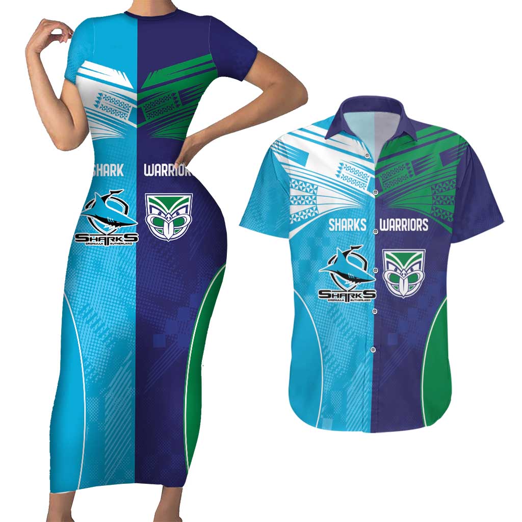 Custom Warriors-Shark Couples Matching Short Sleeve Bodycon Dress and Hawaiian Shirt Together Sporty Style