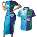 Custom Warriors-Shark Couples Matching Short Sleeve Bodycon Dress and Hawaiian Shirt Together Sporty Style