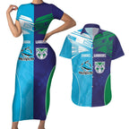 Custom Warriors-Shark Couples Matching Short Sleeve Bodycon Dress and Hawaiian Shirt Together Sporty Style