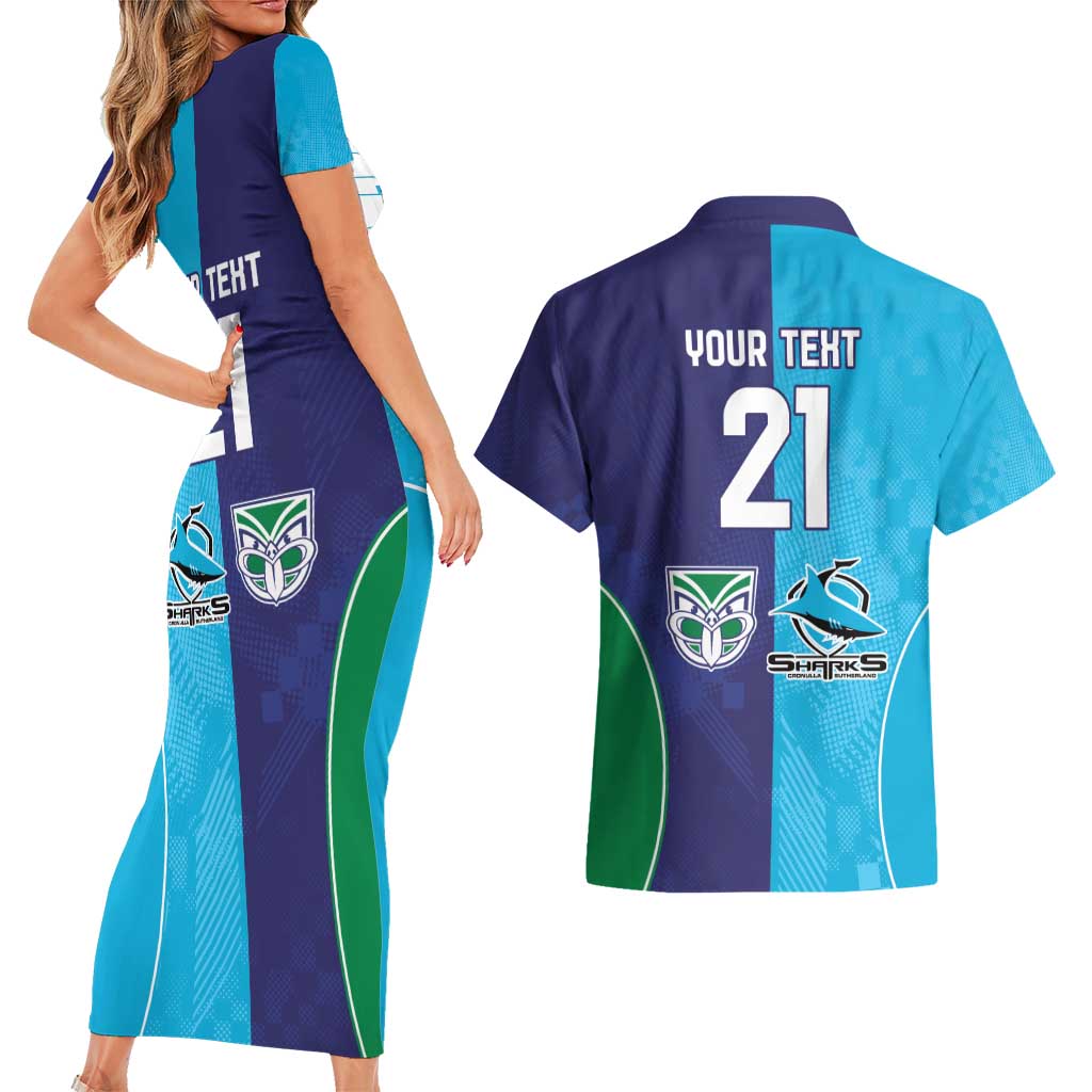 Custom Warriors-Shark Couples Matching Short Sleeve Bodycon Dress and Hawaiian Shirt Together Sporty Style