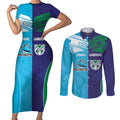 Custom Warriors-Shark Couples Matching Short Sleeve Bodycon Dress and Long Sleeve Button Shirt Together Sporty Style