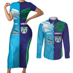 Custom Warriors-Shark Couples Matching Short Sleeve Bodycon Dress and Long Sleeve Button Shirt Together Sporty Style