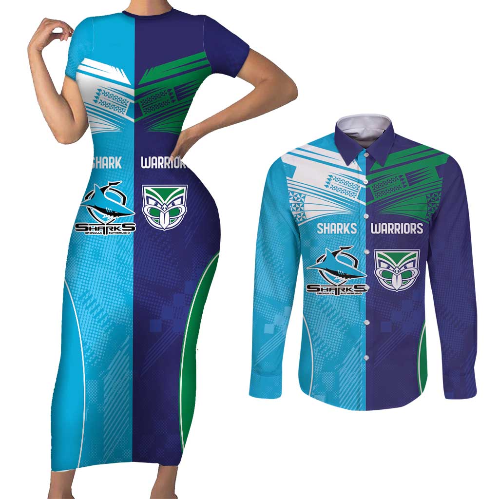 Custom Warriors-Shark Couples Matching Short Sleeve Bodycon Dress and Long Sleeve Button Shirt Together Sporty Style