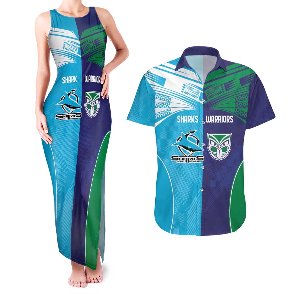 Custom Warriors-Shark Couples Matching Tank Maxi Dress and Hawaiian Shirt Together Sporty Style