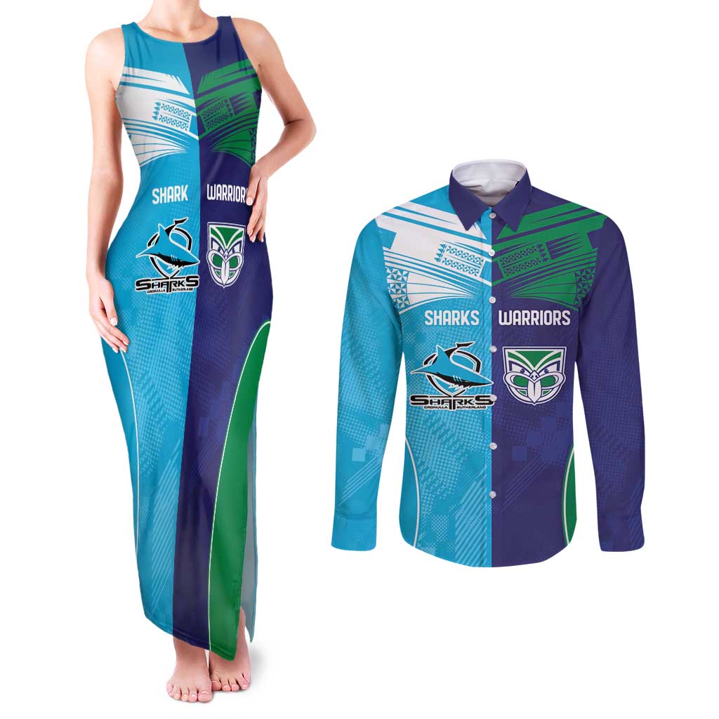 Custom Warriors-Shark Couples Matching Tank Maxi Dress and Long Sleeve Button Shirt Together Sporty Style