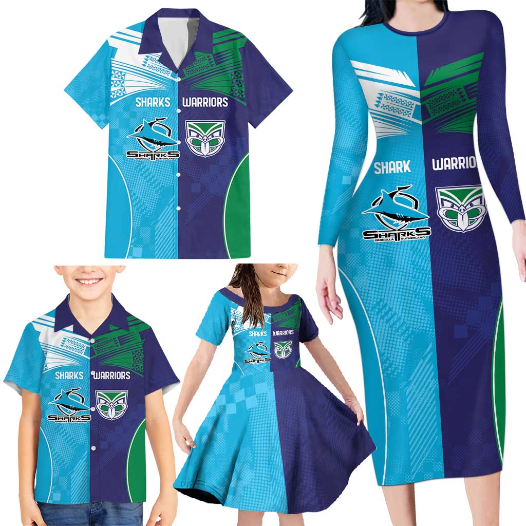 Custom Warriors-Shark Family Matching Long Sleeve Bodycon Dress and Hawaiian Shirt Together Sporty Style