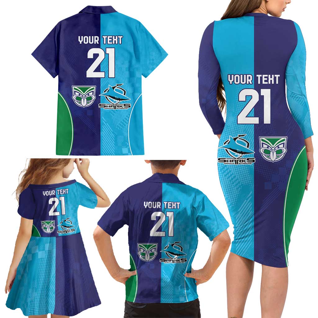 Custom Warriors-Shark Family Matching Long Sleeve Bodycon Dress and Hawaiian Shirt Together Sporty Style